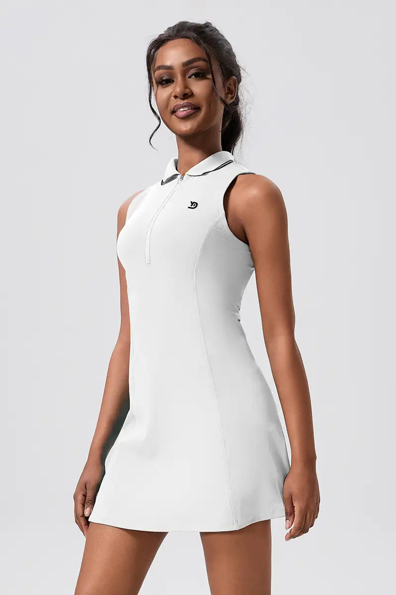 Sleeveless Breathable Polo Waist-Cinching Sports Dress White close-up on the left front