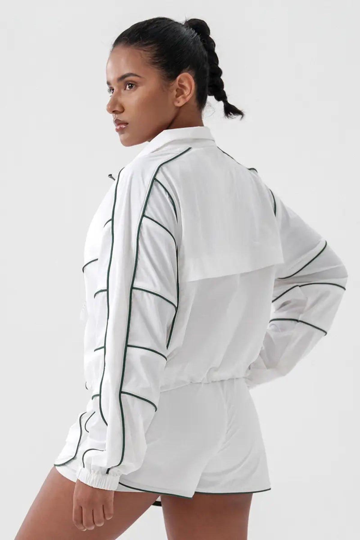 Women's Contrast Color Zip - up Quick - Dry Sports Jacket White close-up on left back