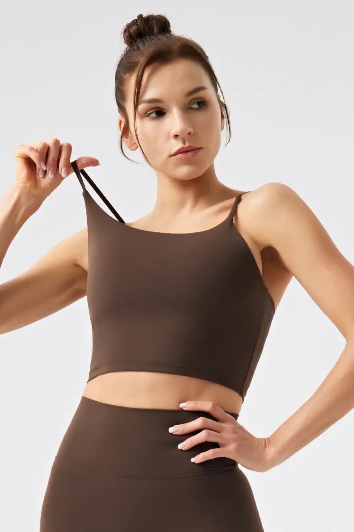 Eco-Friendly Women's Thin-Strap Sports Tank Top Brown Front Close up of shoulder strap