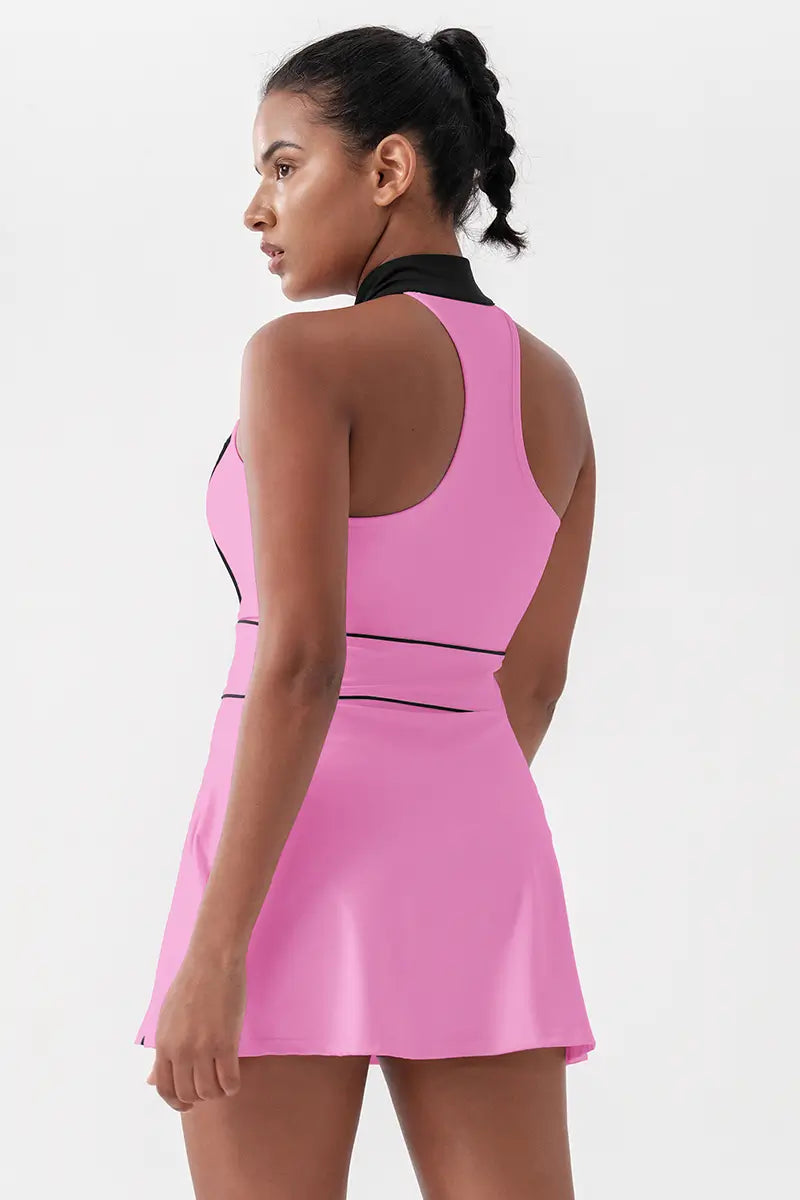 Women's Sleeveless Tennis Dress with Built-In Shorts Hot Pink back view