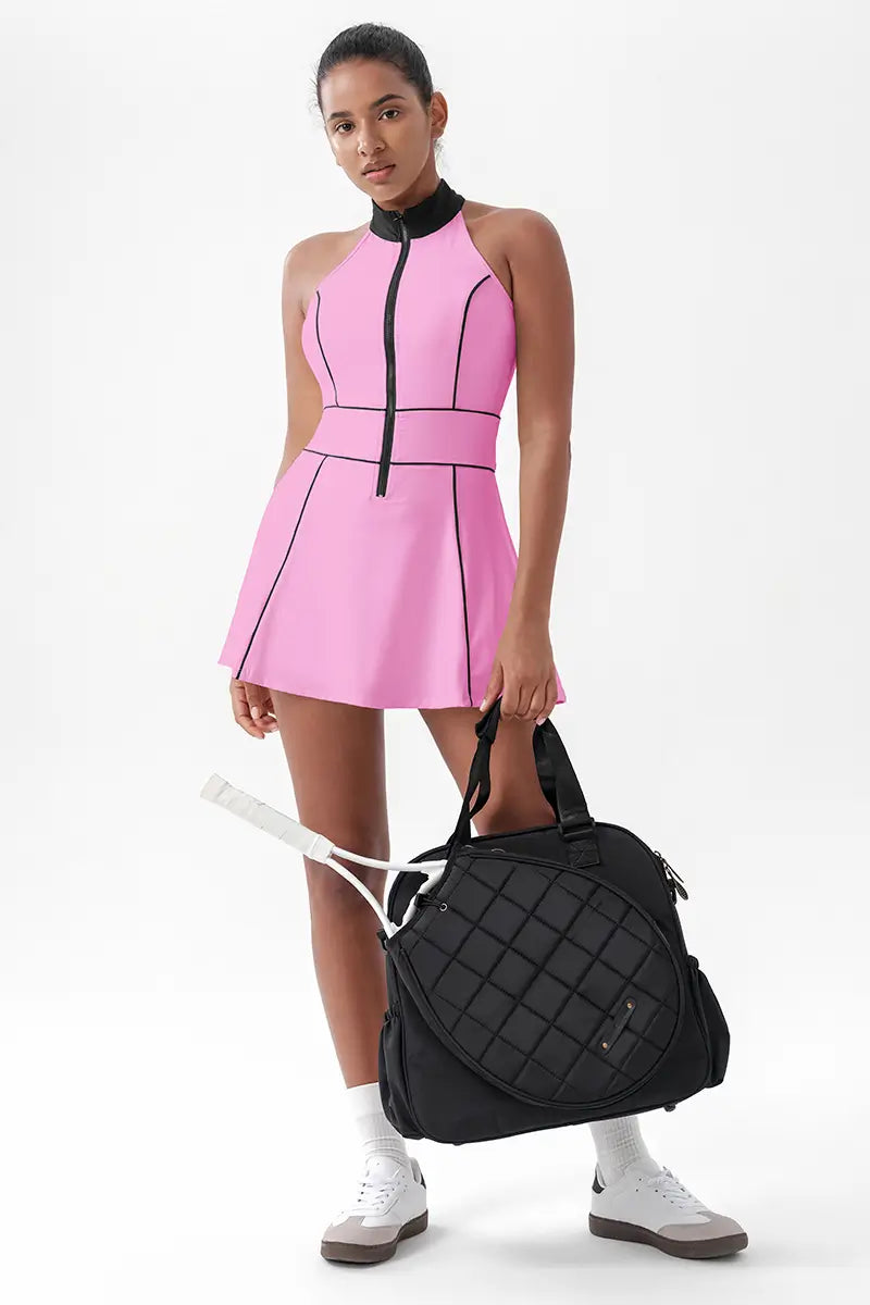Women's Sleeveless Tennis Dress with Built-In Shorts Hot Pink Front Full Body Outfit Display
