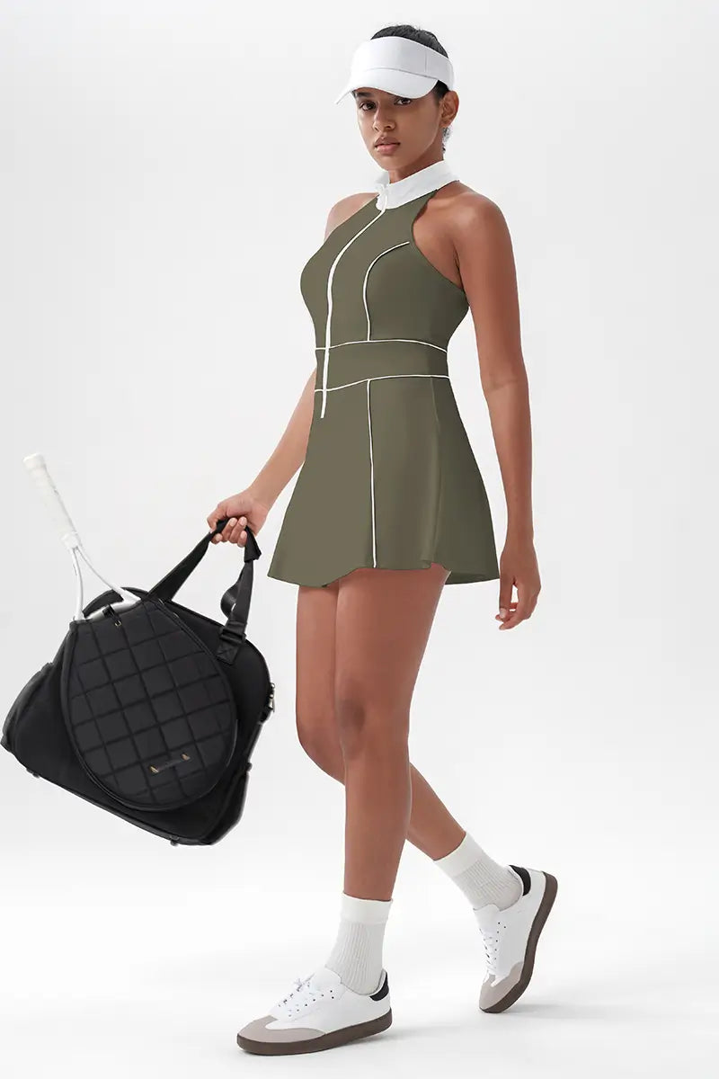 Women's Sleeveless Tennis Dress with Built-In Shorts Dark Olive Green left view