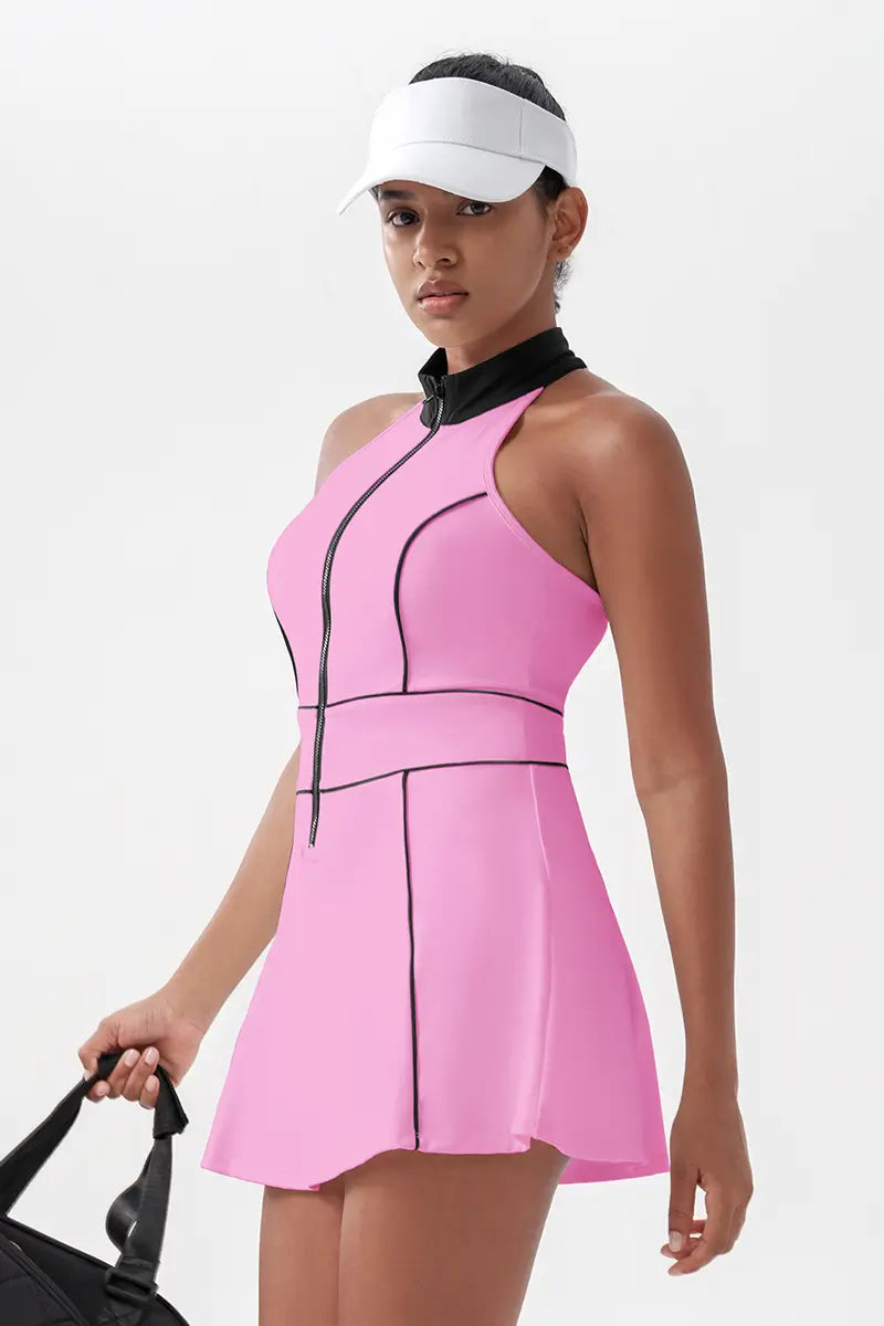Women's Sleeveless Tennis Dress with Built-In Shorts Hot Pink close-up on the left side