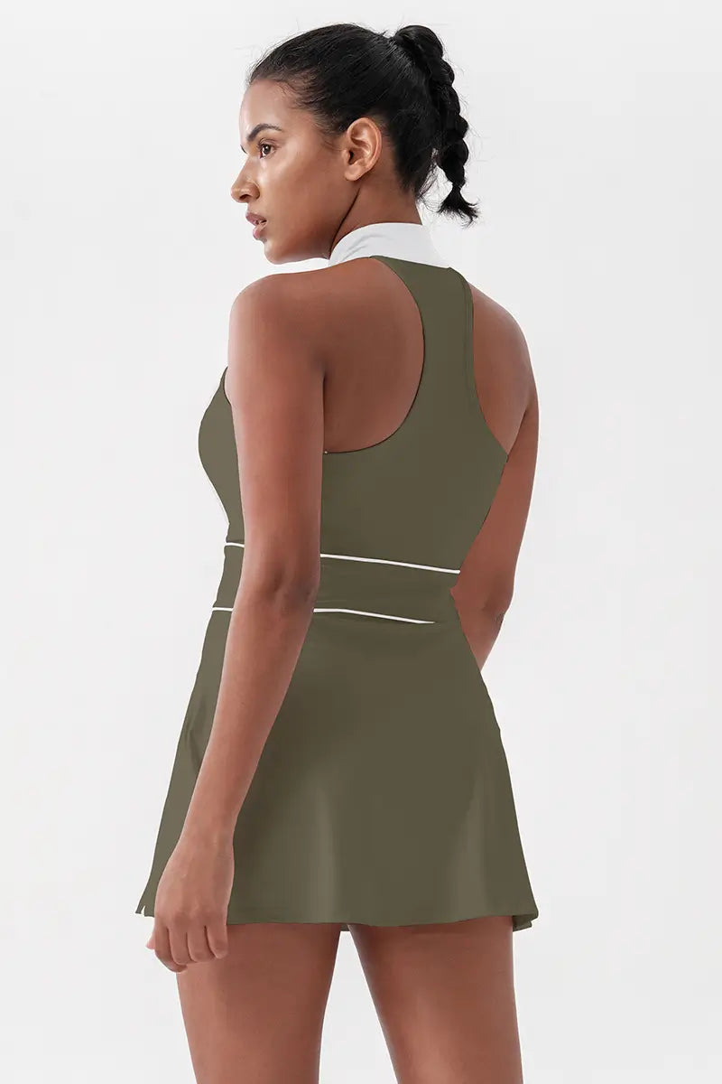Women's Sleeveless Tennis Dress with Built-In Shorts Dark Olive Green back view