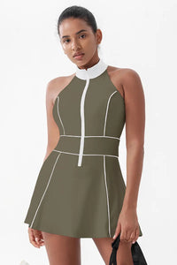 Women's Sleeveless Tennis Dress with Built-In Shorts Dark Olive Green front view