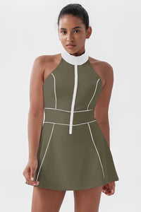 Women's Sleeveless Tennis Dress with Built-In Shorts Dark Olive Green front view