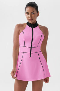 Women's Sleeveless Tennis Dress with Built-In Shorts Hot Pink close-up from the front