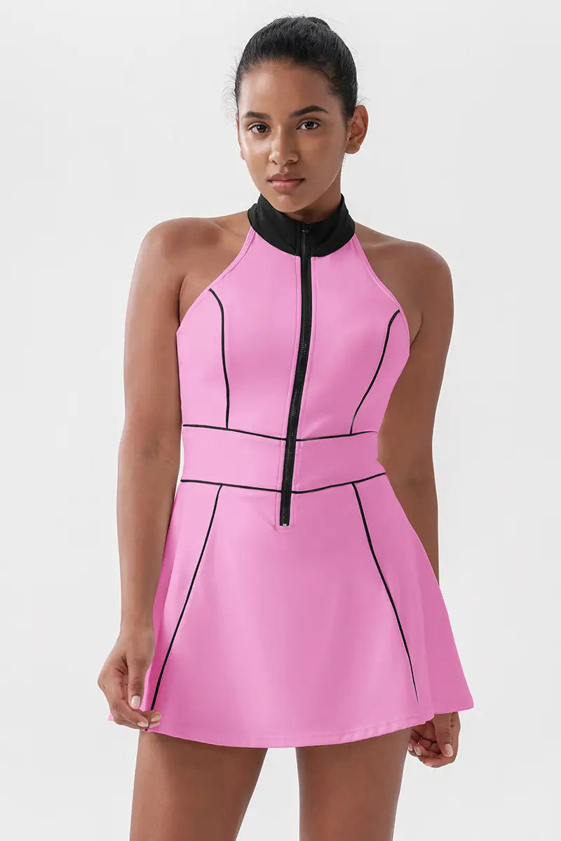 Women's Sleeveless Tennis Dress with Built-In Shorts Hot Pink close-up from the front