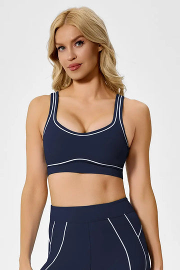 Sustainable Contrast-Stripe Sports Bra Maritime Blue Front View