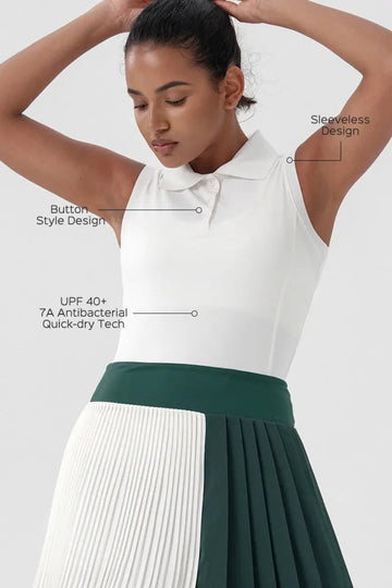 Sleeveless Golf & Tennis Polo shirt Women's White Sleeveless Design, Button Style Design, UPF 40+ 7A Antibacterial Quick-dry Tech