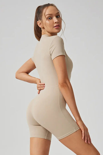 Women's Half-Zip Workout Jumpsuit Beige right side view