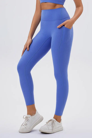 Eco-friendly High-Waisted Leggings with Side Pockets Slate Blue close-up on the left