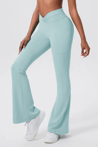 Dopamine Women’s Crisscross Flared Pants Hazy Blue close-up on the left