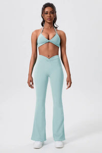 Dopamine Women’s Crisscross Flared Pants Hazy Blue Front Full Body Outfit Display
