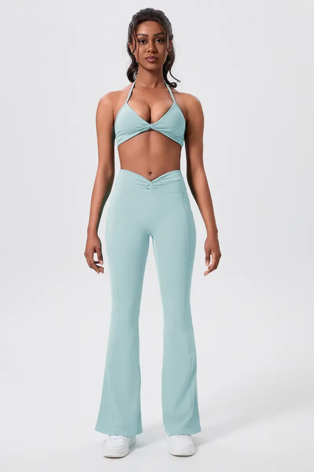 Dopamine Women’s Crisscross Flared Pants Hazy Blue Front Full Body Outfit Display