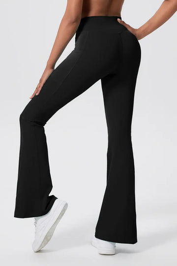 Dopamine Women’s Crisscross Flared Pants Black close-up on the left back