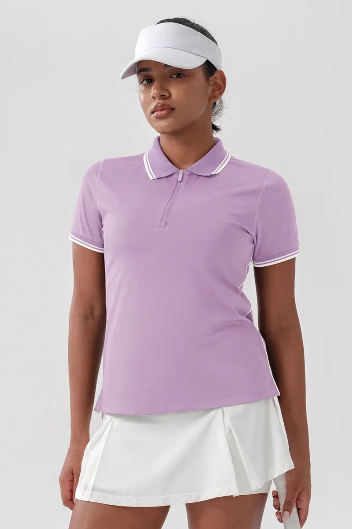 Women's Quick-Dry Tennis Polo Shirt Pale Lilac close-up from the front