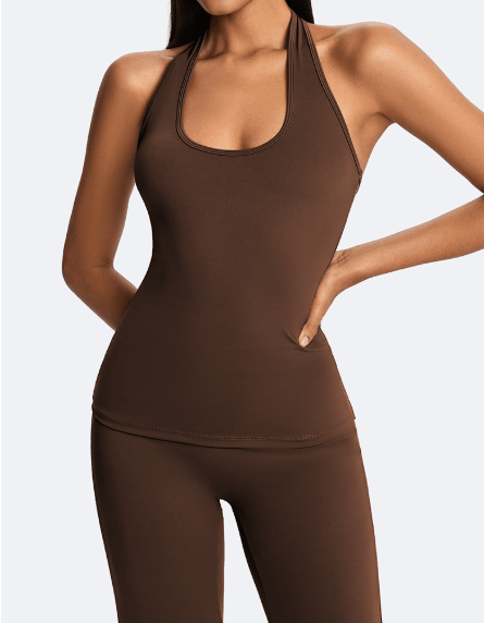 Halter Neck Casual Athletic Top Brown close-up from the front