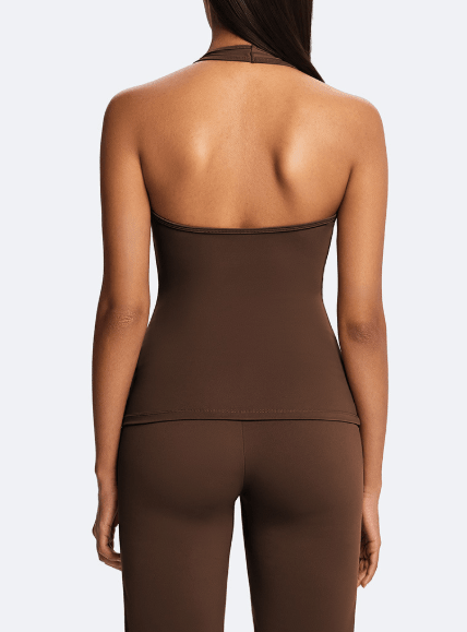 Halter Neck Casual Athletic Top Brown back view