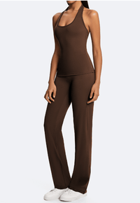 Halter Neck Casual Athletic Top Brown Full body outfit display on the left front