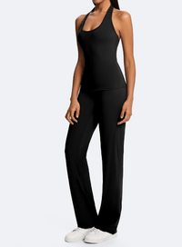 Halter Neck Casual Athletic Top Black Full body outfit display on the left front