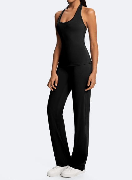 Halter Neck Casual Athletic Top Black Full body outfit display on the left front