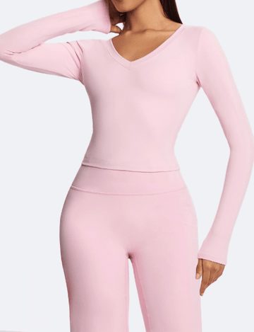 High-Stretch Yoga Top with Buttery-Soft & Skin-Like Comfort Pink close-up from the front