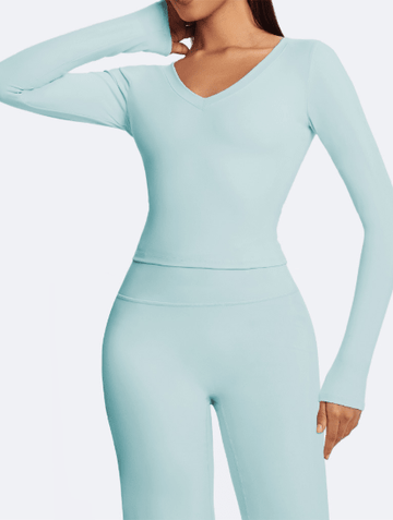 High-Stretch Yoga Top with Buttery-Soft & Skin-Like Comfort Sky Blue close-up from the front