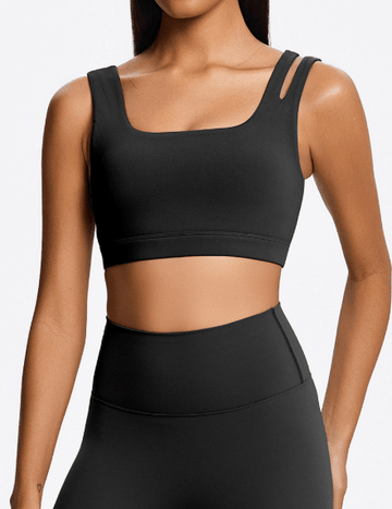 Square Neck Sports Crop Top Black close-up from the front