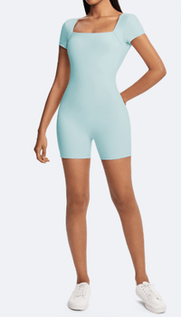 Back Cutout One-Piece Romper Sky Blue Front Full body outfit display
