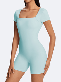 Back Cutout One-Piece Romper Sky Blue close-up from the front