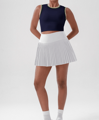 Women's Tennis Pleated Skirt - High-Waisted Athletic Wear White Full-body outfit display (front view)