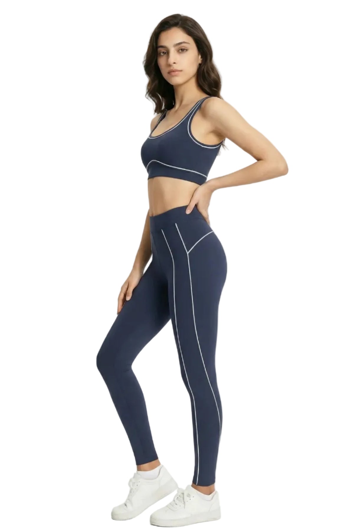 Color-Block High-Waisted Leggings maritime blue Full outfit view on the left