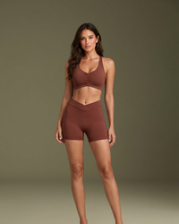Eco-Friendly V-Neck Slim Strap Sports Bra brown front full body outfit display