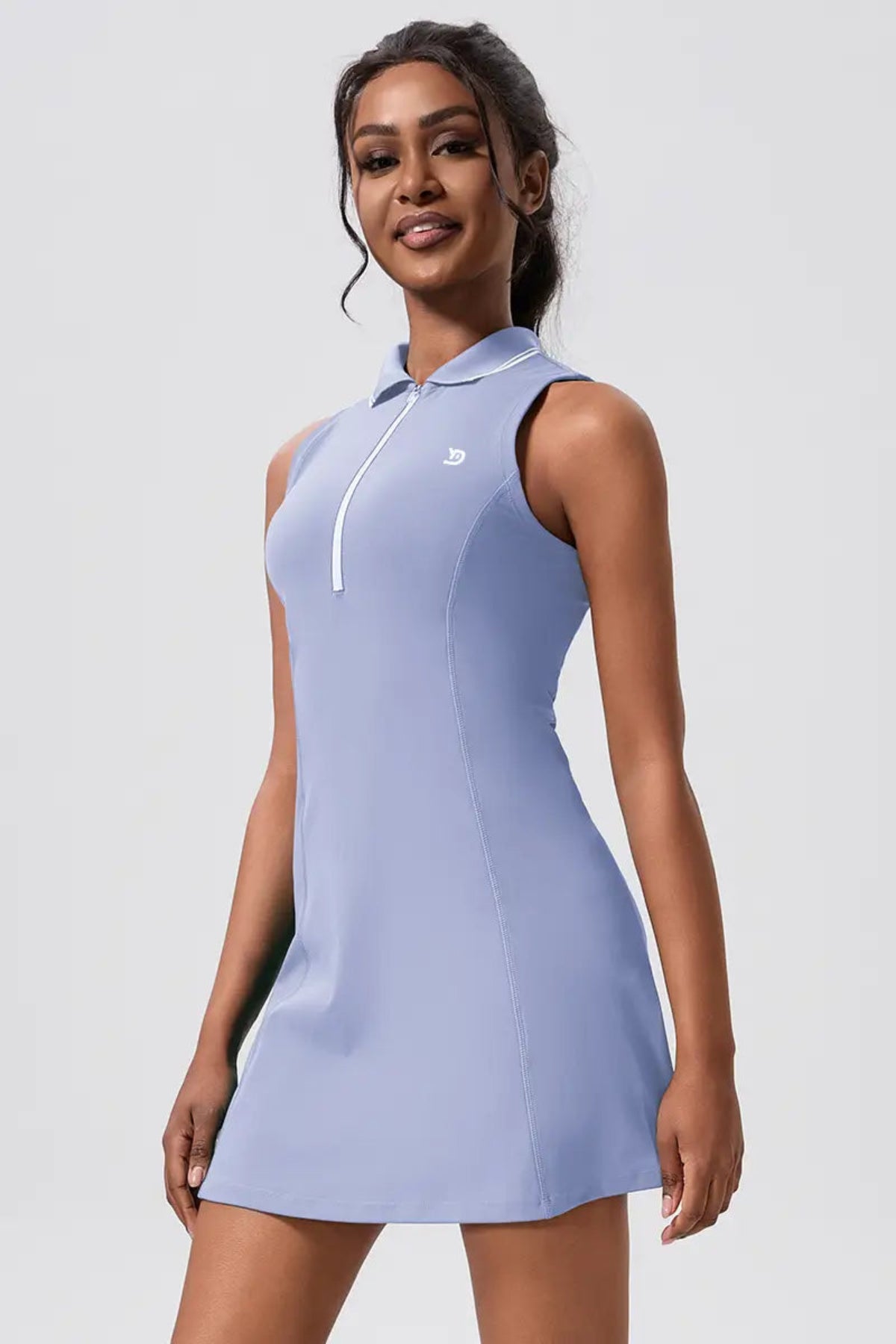 Sleeveless Breathable Polo Waist-Cinching Sports Dress Sky Blue close-up on the left front