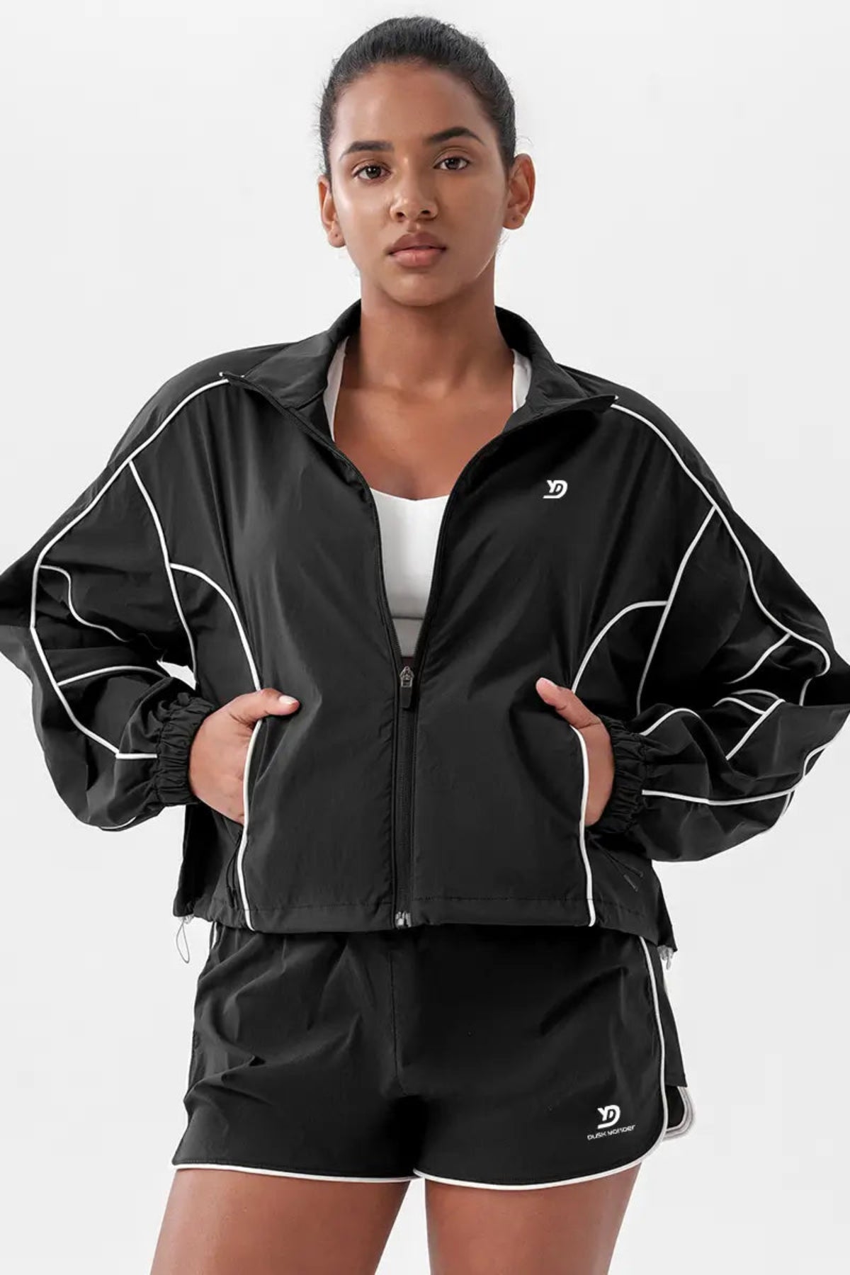 Women's Contrast Color Zip - up Quick - Dry Sports Jacket Black Close-up from the front