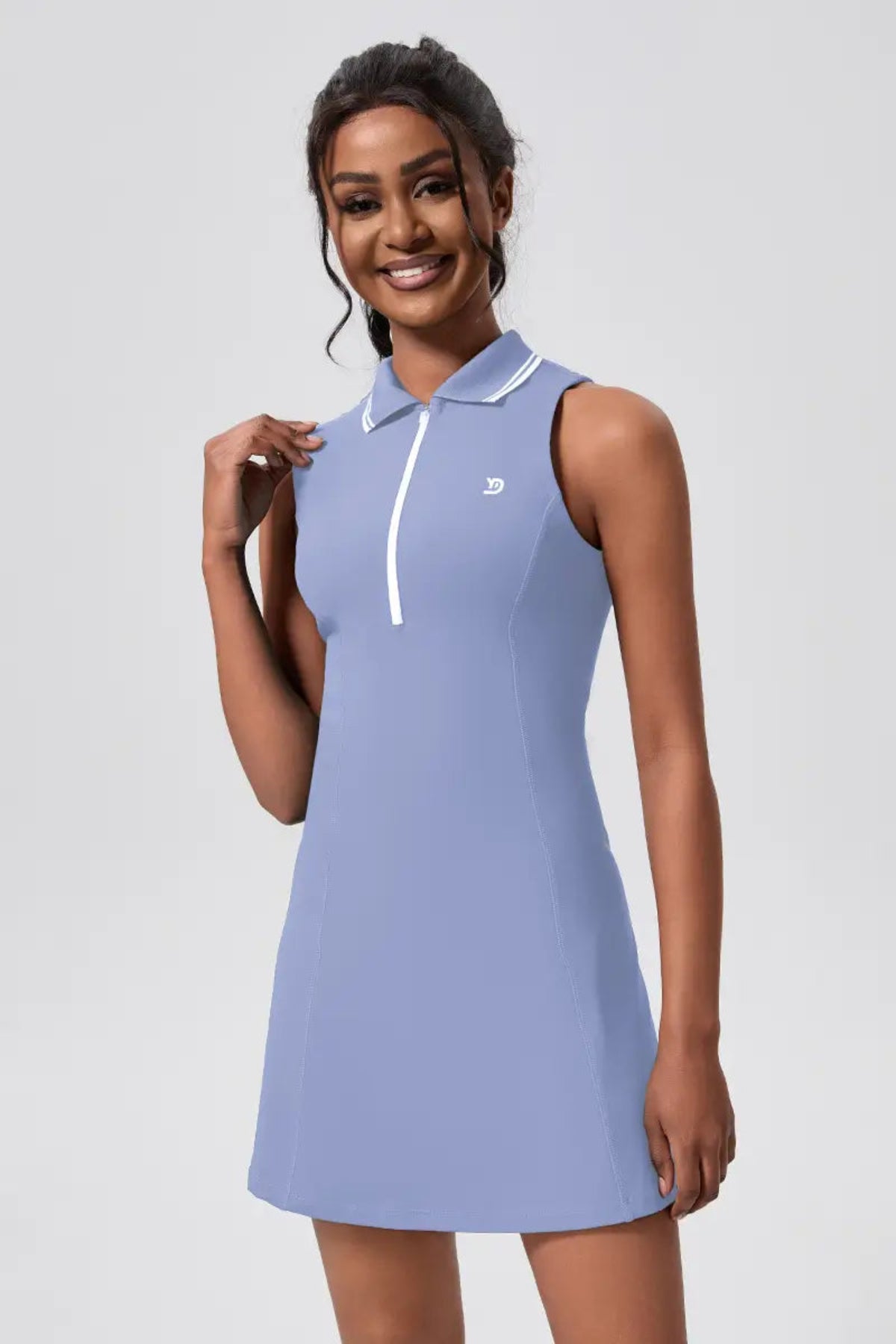 Sleeveless Breathable Polo Waist-Cinching Sports Dress Sky Blue front view