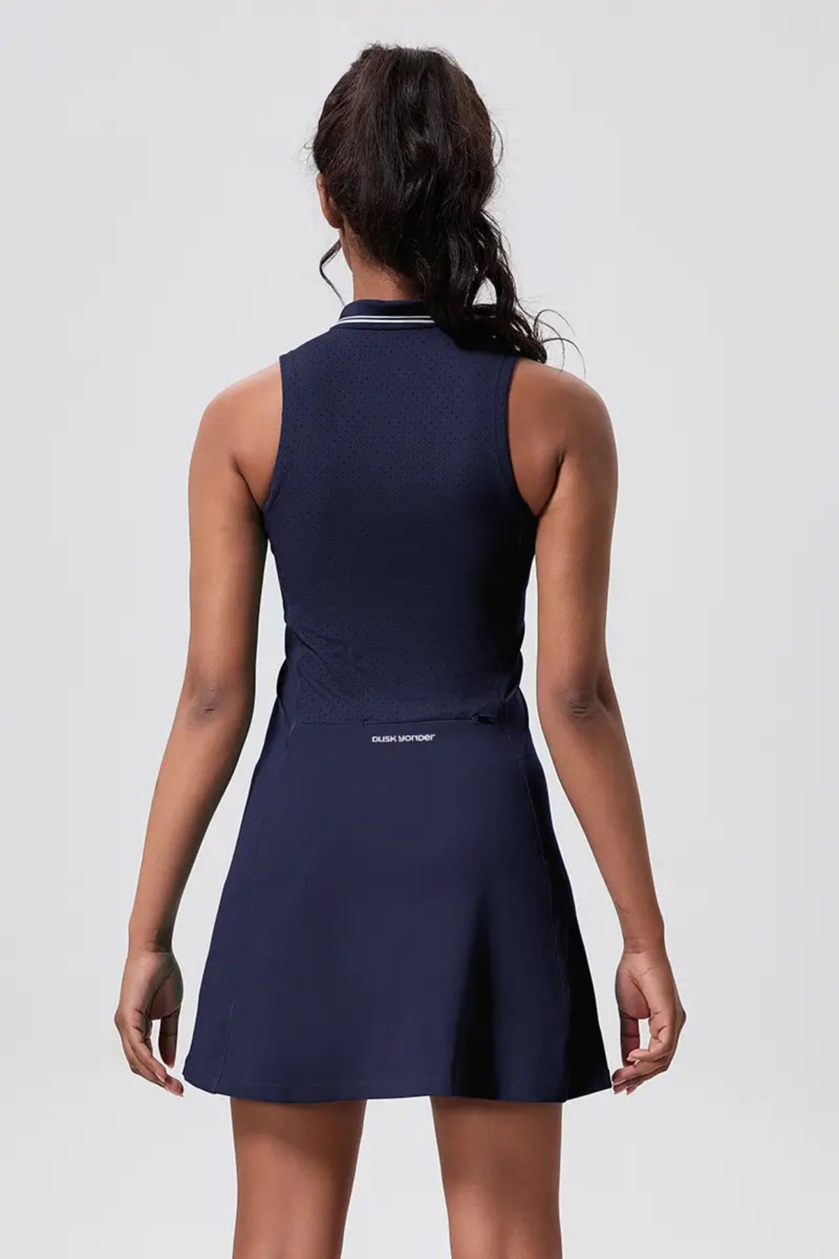 Sleeveless Breathable Polo Waist-Cinching Sports Dress Navy Blue back view