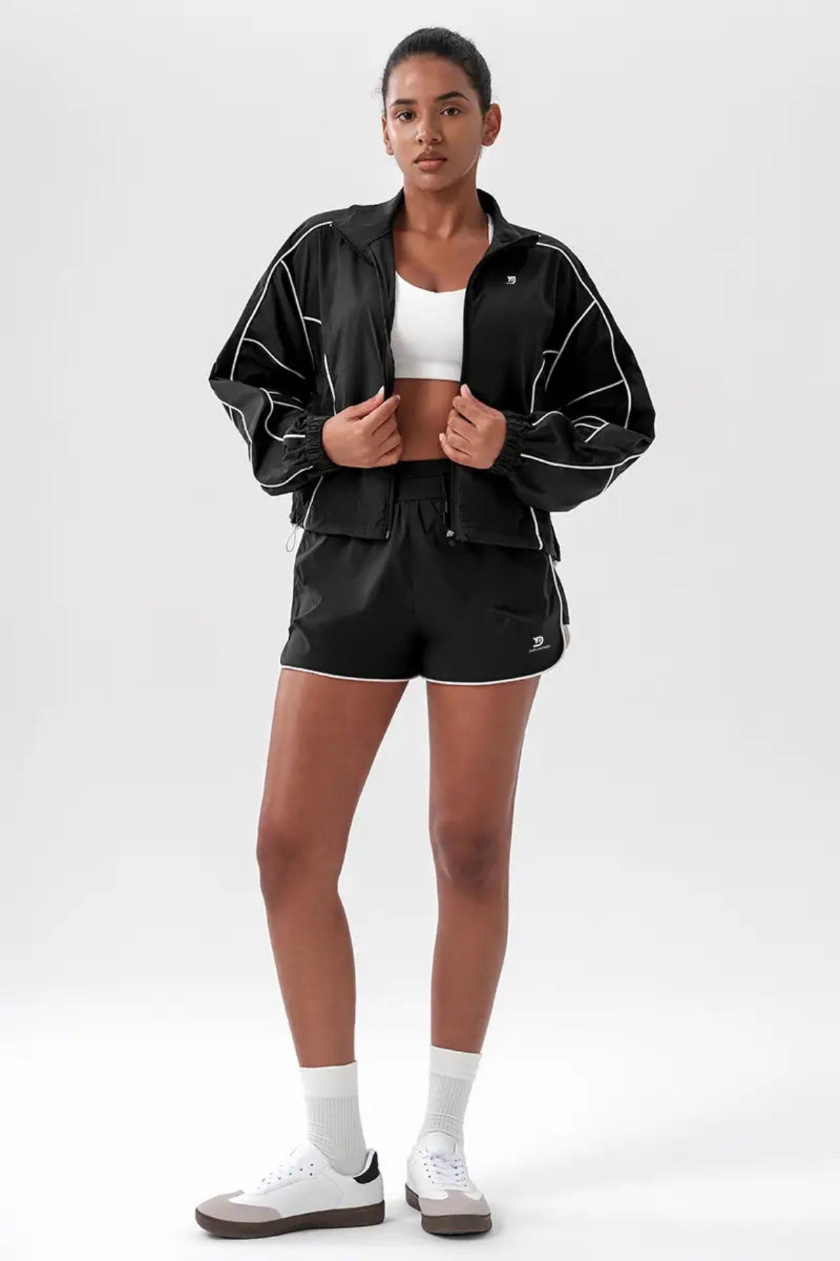 Women's Contrast Color Zip - up Quick - Dry Sports Jacket Black Front full body outfit display