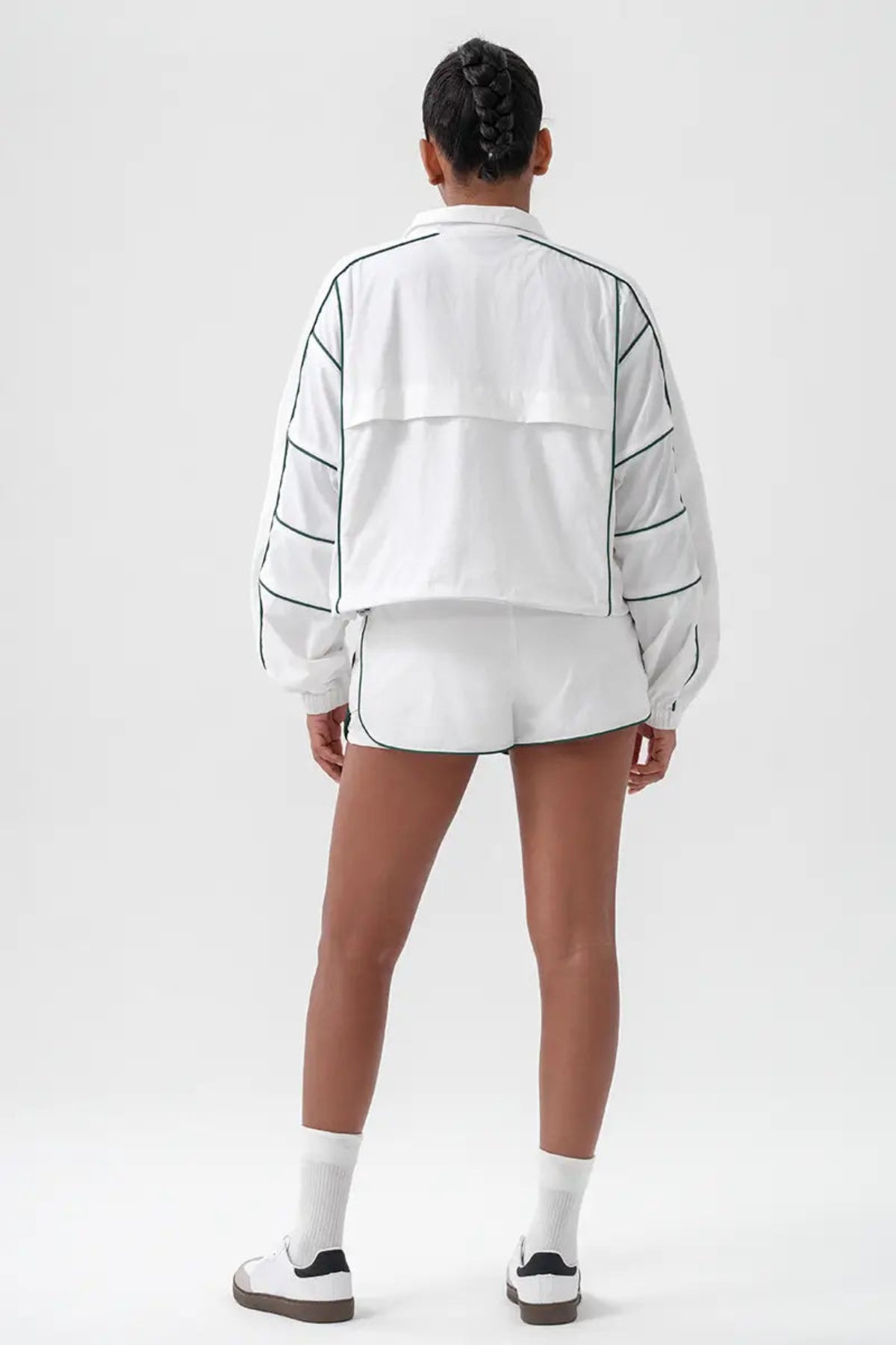 Women's Contrast Color Zip - up Quick - Dry Sports Jacket White Back Full body outfit display