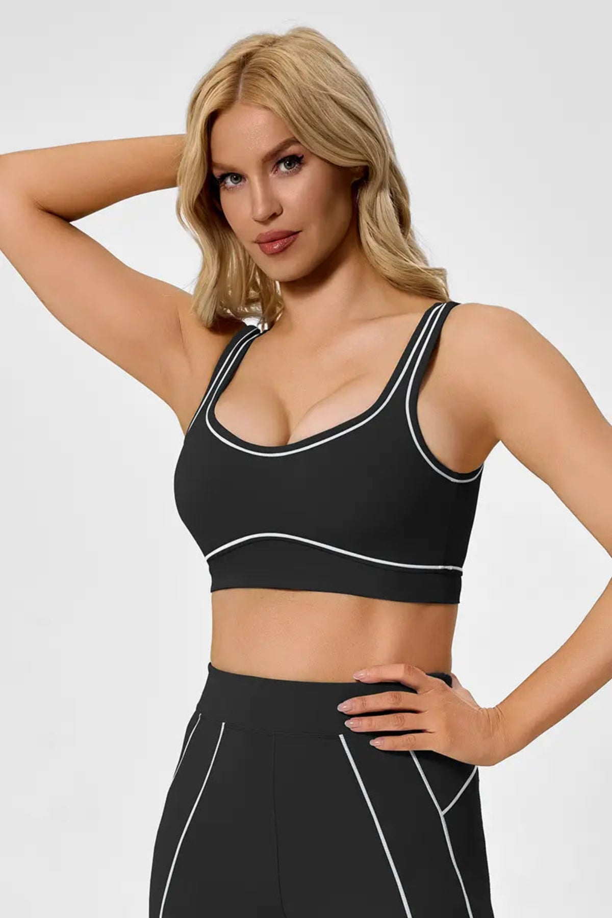 Sustainable Contrast-Stripe Sports Bra Jet Black Front View