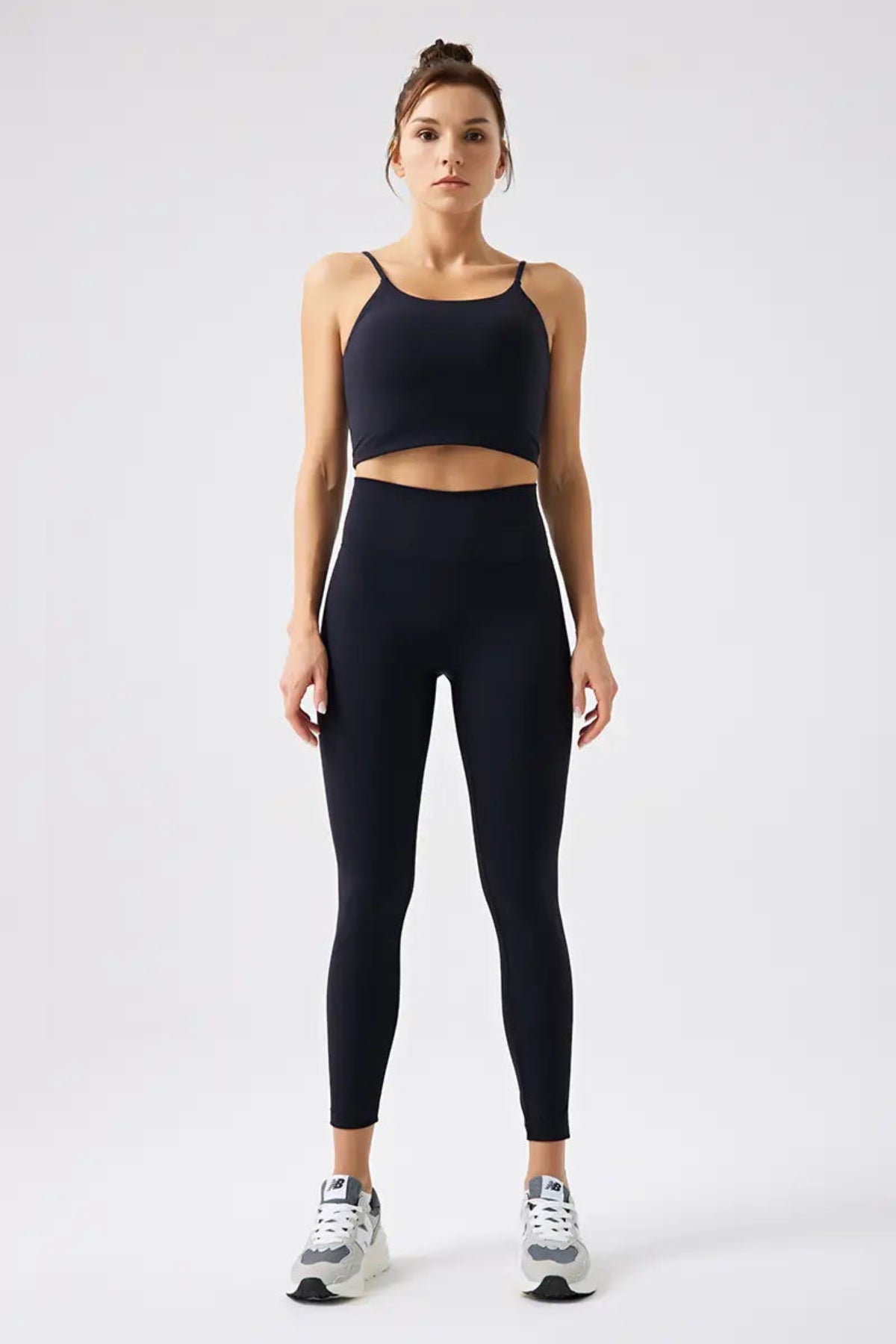 Eco-Friendly Women's Thin-Strap Sports Tank Top Black Front Full body outfit display