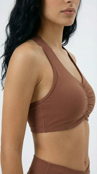 Eco-Friendly V-Neck Slim Strap Sports Bra  Brown close-up on the right