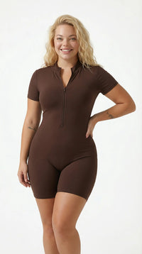 Women's Half-Zip Workout Jumpsuit Brown Front View