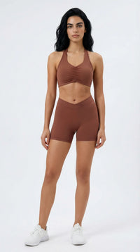 Eco-Friendly V-Neck Slim Strap Sports Bra Brown Full outfit display from the front