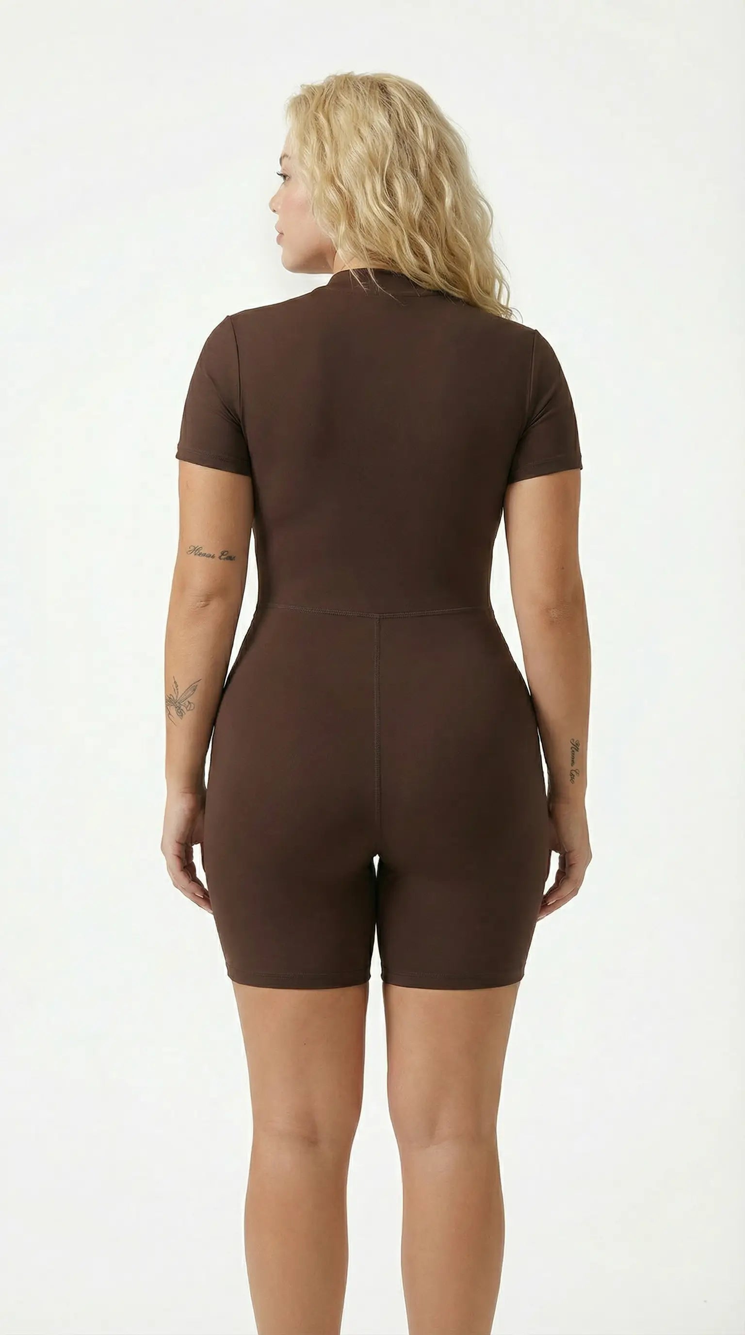 Women's Half-Zip Workout Jumpsuit brown back view