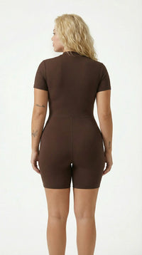 Women's Half-Zip Workout Jumpsuit brown back view
