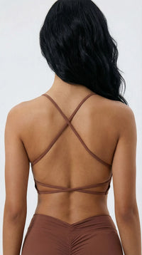 Eco-Friendly V-Neck Slim Strap Sports Bra Brown Close-up from the back