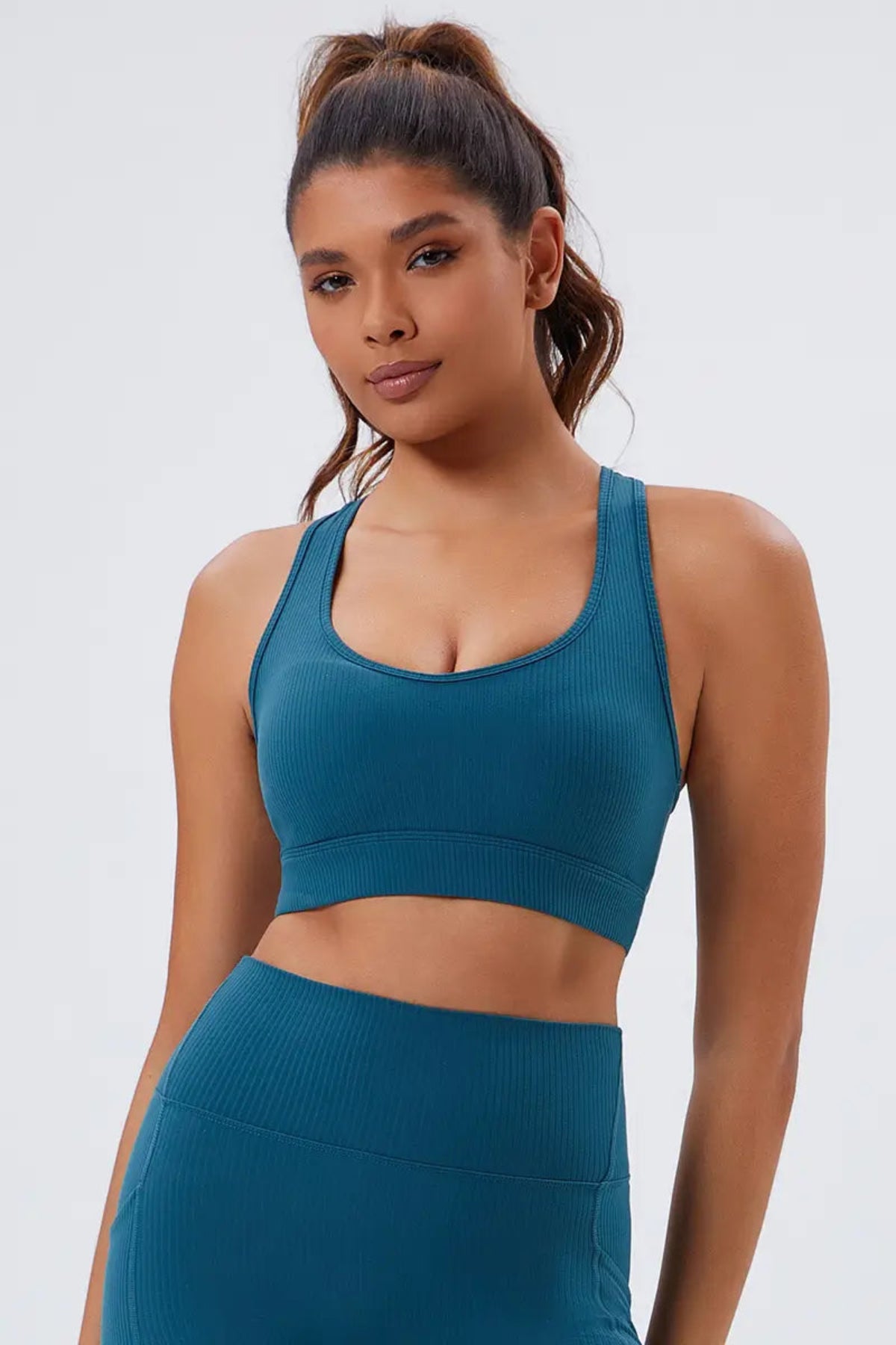 Eco-Friendly Crisscross Back women's gym Bra Navy Blue front view