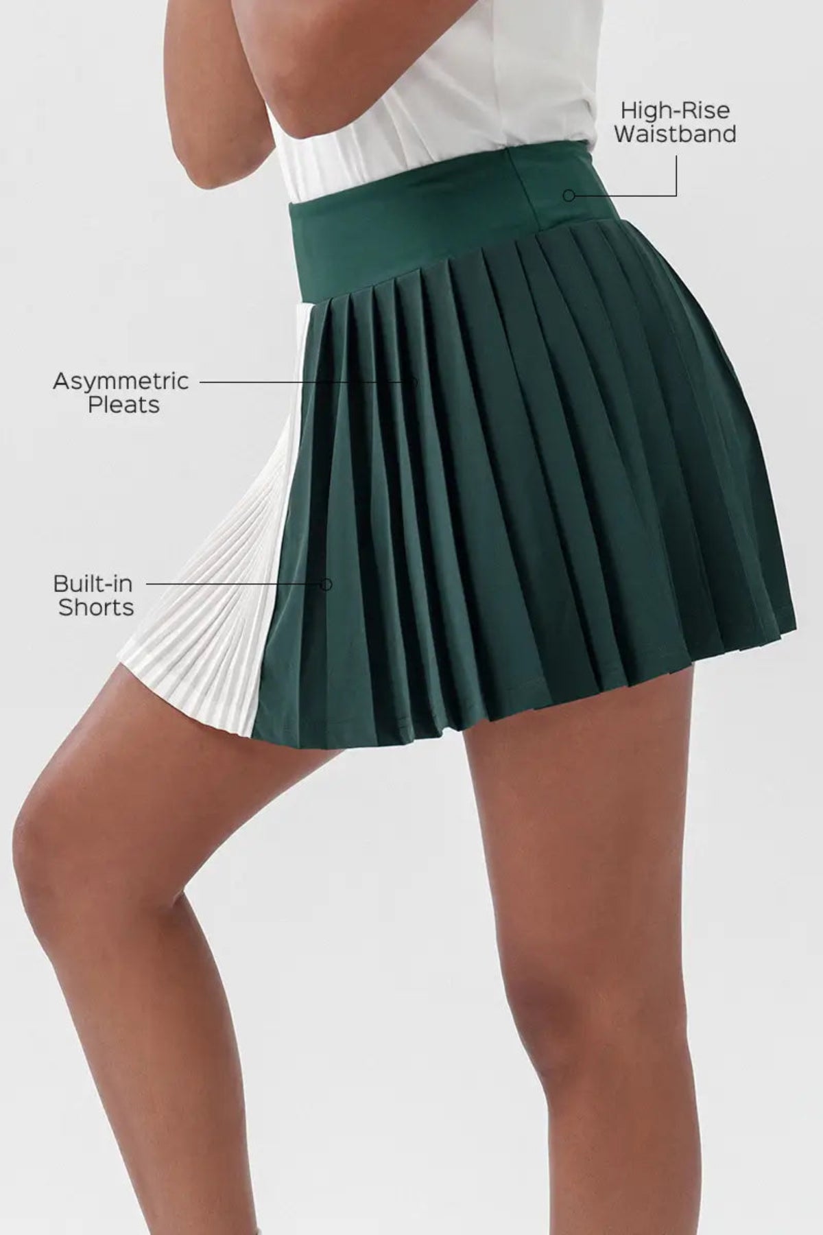 Colorblock Double-Layer Women’s Tennis Skirt with Pockets Dark Olive Green High-RIse Waistband, Asymmetric Pleats, Built-in Shorts